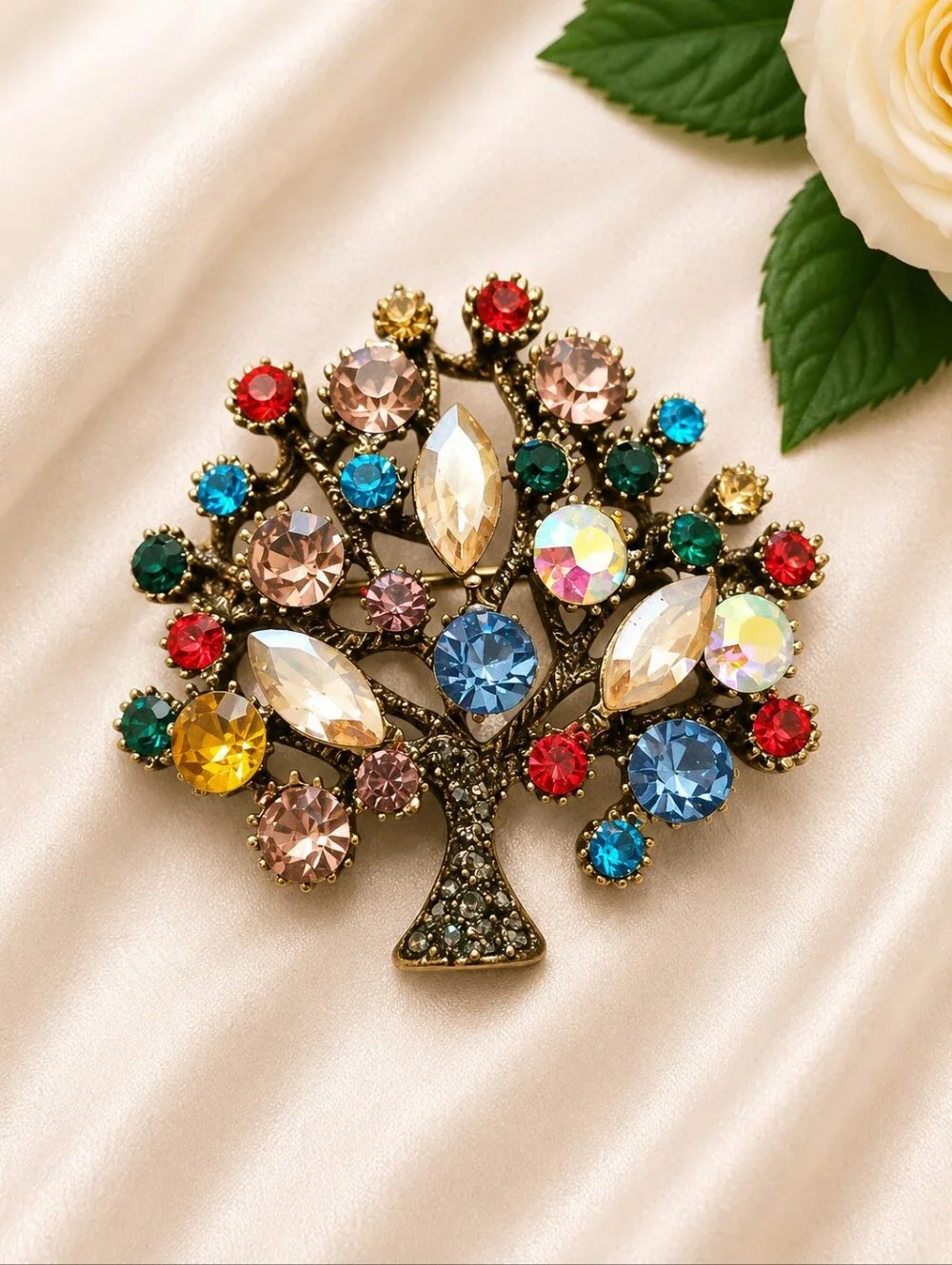 Colorful Tree of Life Rhinestone Brooch Pin | Gold Tone Statement Jewelry